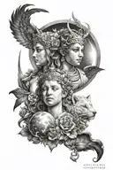 Divine twins Artemis and Apollo, depicted in a realistic black and white style. Sun and moon. April birth month tattoo design idea