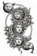 Divine twins Artemis and Apollo, depicted in a realistic black and white style. Sun and moon. April birth month tattoo design idea