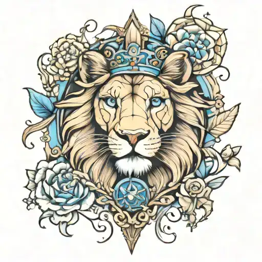 lion and blue eyes and chirch tattoo design idea