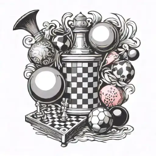 A chessboard pattern made up of billiard balls and food items, with a subtle nod to Pink Floyd in the design tattoo design idea