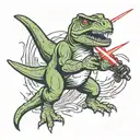 trex holding lightsaber duel tattoo design idea