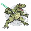 trex holding lightsaber duel tattoo design idea