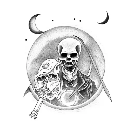 full body grim reaper with moon and clouds and bats  tattoo design idea