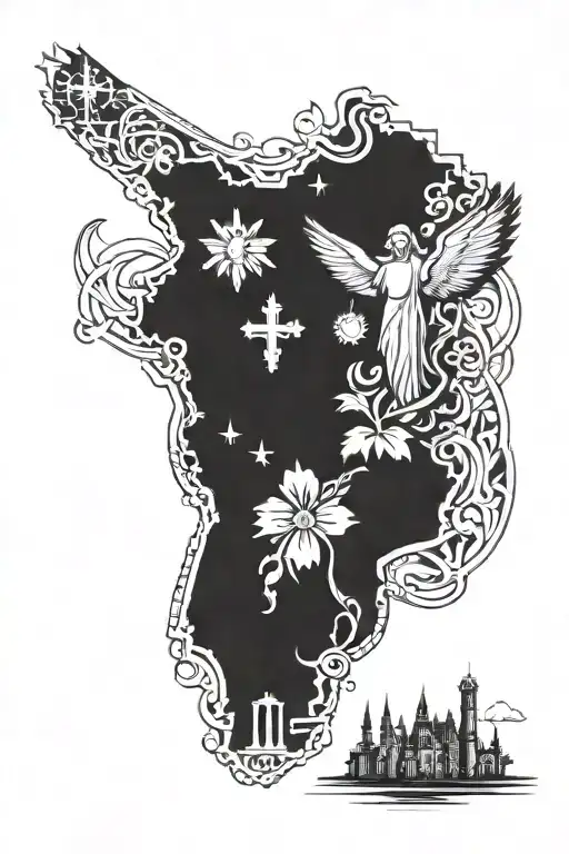 A tattoo design representing the client's love for Christ and their hometown, in blackwork style tattoo design idea