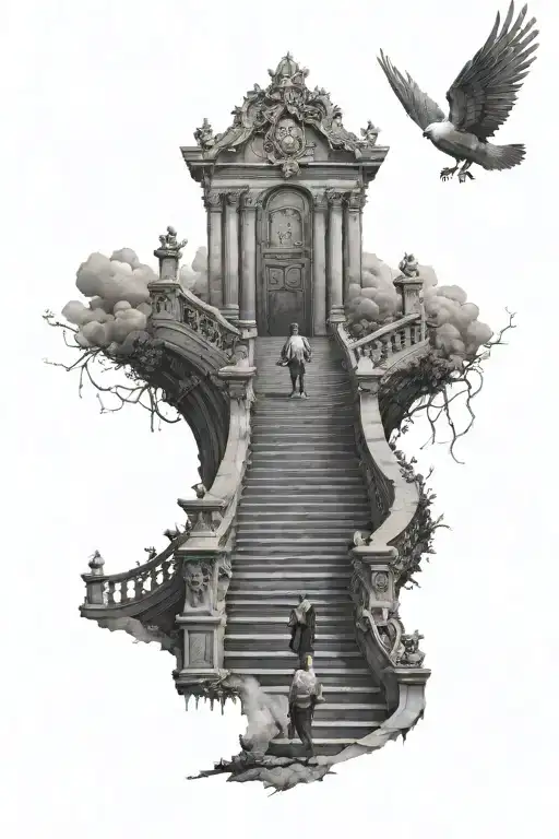 A man walking half way up the stairway to heaven with the pearly gates on top, on the bottom of the stairs a crashed str tattoo design idea