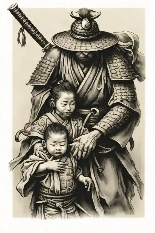 samurai leaving for war with wife and child holding his hand crying tattoo design idea