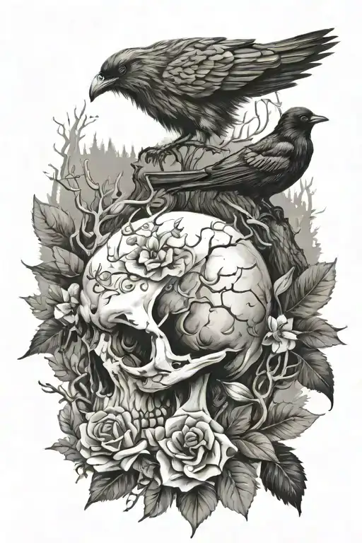 skull, deer, crow, fox, forest tattoo design idea