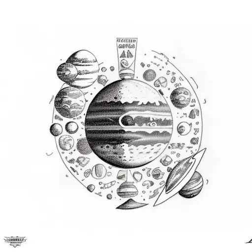 A sketch-style tattoo of a titan cooking in a space-themed kitchen, with planets and asteroids as ingredients tattoo design idea