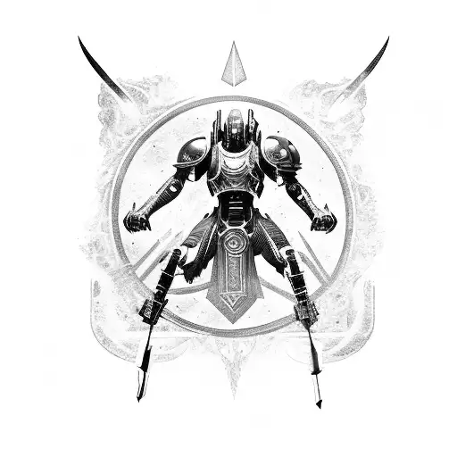 A futuristic titan from Destiny 2, wielding a flaming sword tattoo design idea