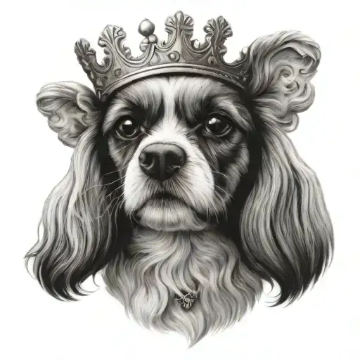 A realistic portrait of a Cavachon dog wearing a crown tattoo design idea