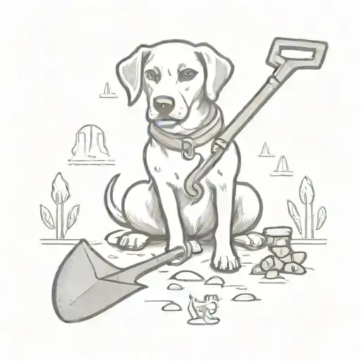 A dotwork tattoo of a dog holding a shovel, standing in front of a pile of unearthed treasures, symbolizing the client's dedication to both dogs and metal detecting tattoo design idea