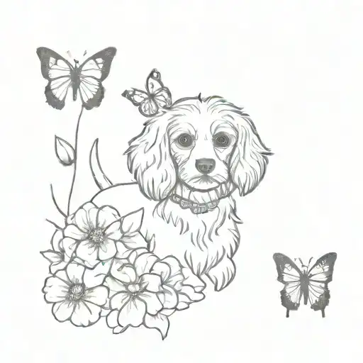 A dotwork design of a Cavachon dog surrounded by flowers and butterflies tattoo design idea