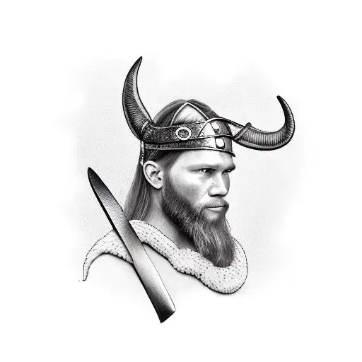 A realistic portrait of a Viking warrior with a pancreas cancer awareness ribbon as a headband tattoo design idea
