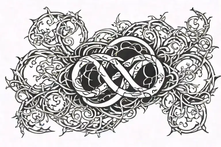 ring thorn bush, neck intertwined infinity symbols tattoo design idea
