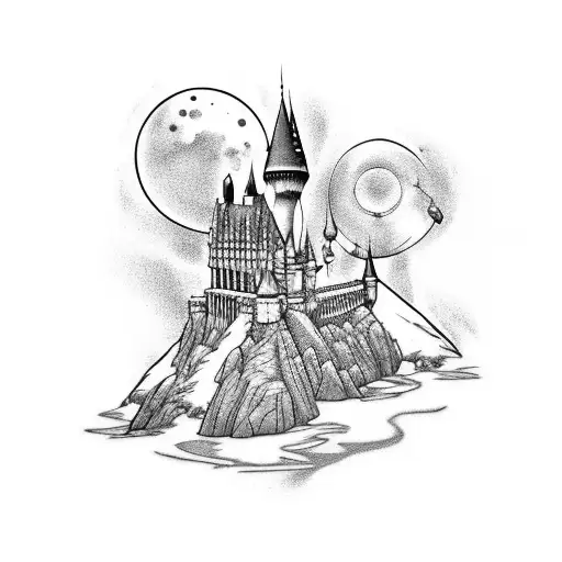 A tattoo combining elements of Harry Potter and Disney, with a castle floating in space tattoo design idea