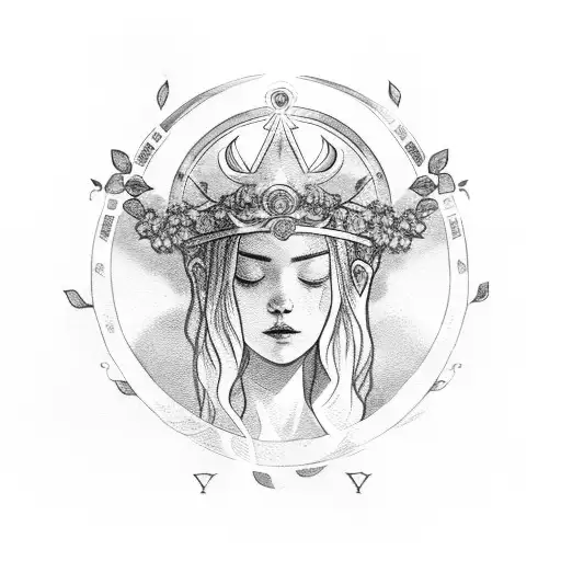 rosé surrounded by Greek crown of leaves with a halo and Viking symbal tattoo design idea