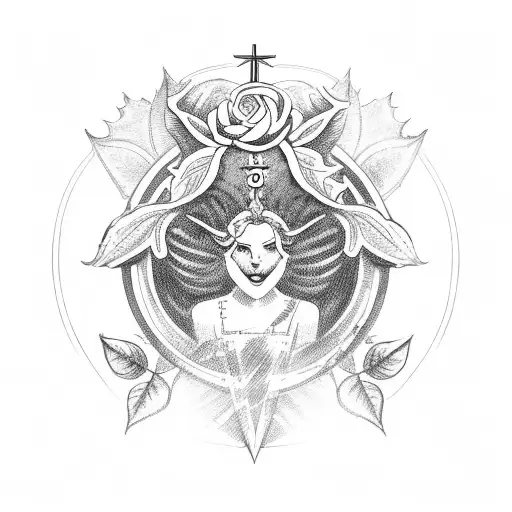 rose surrounded by Greek crown of leaves with a halo and Viking symbol for salvation tattoo design idea