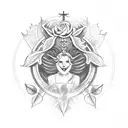 rose surrounded by Greek crown of leaves with a halo and Viking symbol for salvation tattoo design idea