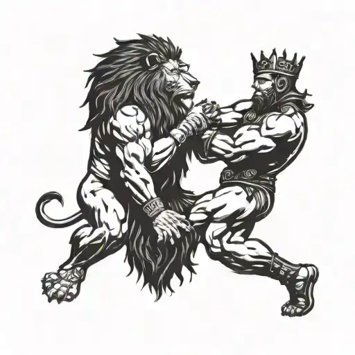 A lion wrestler with a crown facing off against a fierce opponent tattoo design idea
