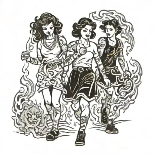 four people walking through fire tattoo design idea