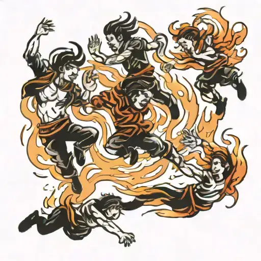 four people leaping out of fire tattoo design idea
