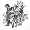 four people walking through fire tattoo design idea