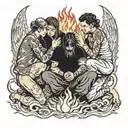 four people kneeling in fire tattoo design idea