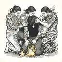 four people kneeling in fire tattoo design idea