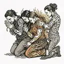 four people kneeling in fire tattoo design idea