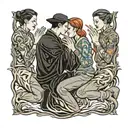 four people kneeling in fire tattoo design idea