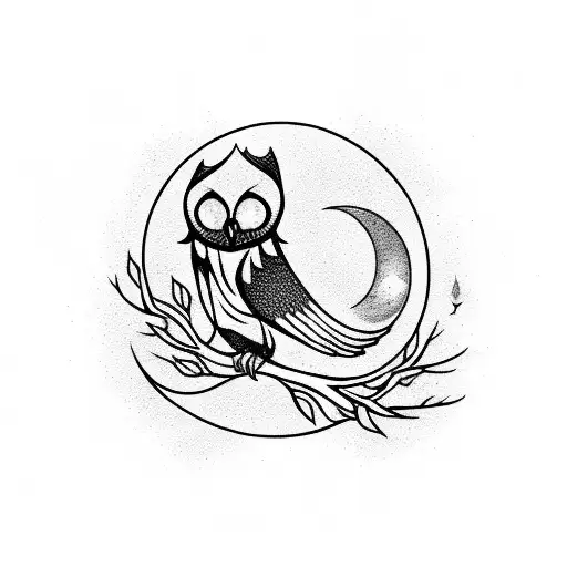 A mystical owl perched on a crescent moon, surrounded by delicate cherry blossoms tattoo design idea