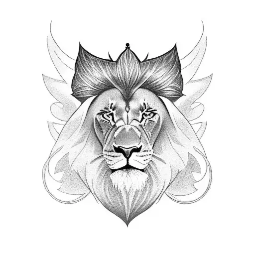 full sleve and chest tattoo. angel face with lion head hat. tattoo design idea