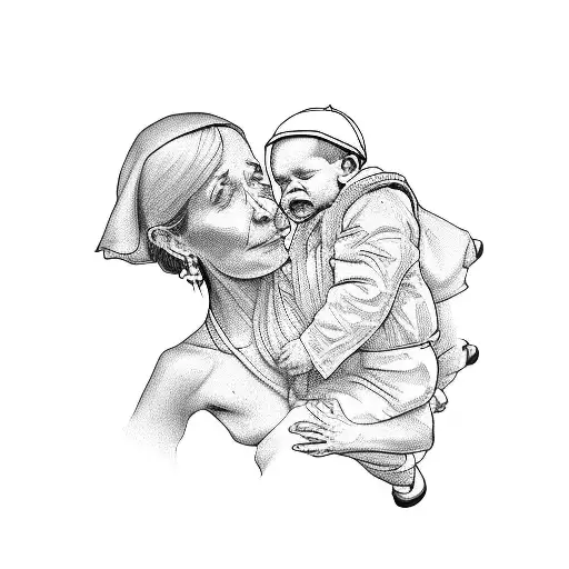 a mother delivering her child to three demônio popes tattoo design idea