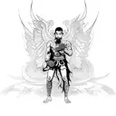 A muay thai fighter with demonic wings and a book of heretical teachings tattoo design idea