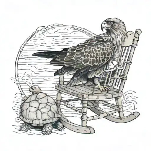 hawk sitting in a rocking chair sitting in a rocking hair with a guaranteed leaning against it with a large see turtle   tattoo design idea