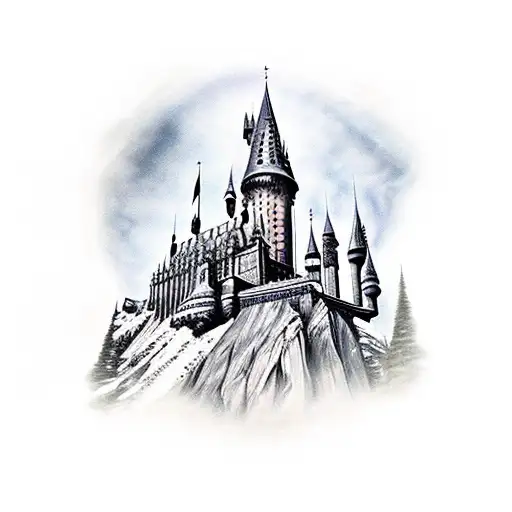 An enchanting Hogwarts castle with a guitar as its foundation tattoo design idea