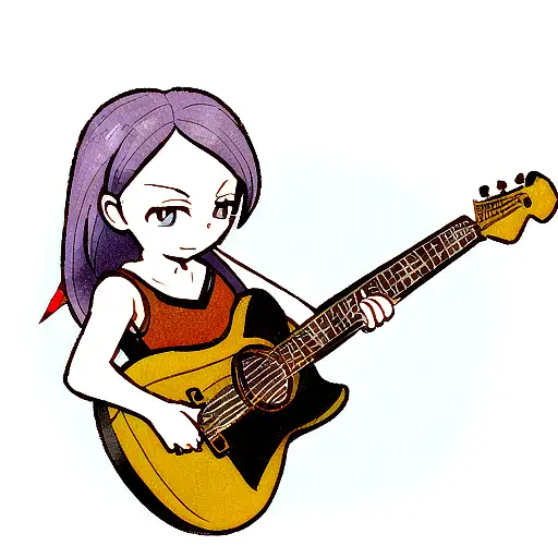 A traditional-style tattoo of a girl holding a guitar, with Harry Potter's lightning bolt scar incorporated into her hair tattoo design idea