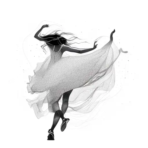 A sensual silhouette of a girl dancing, with subtle guitar strings intertwined in her movements tattoo design idea