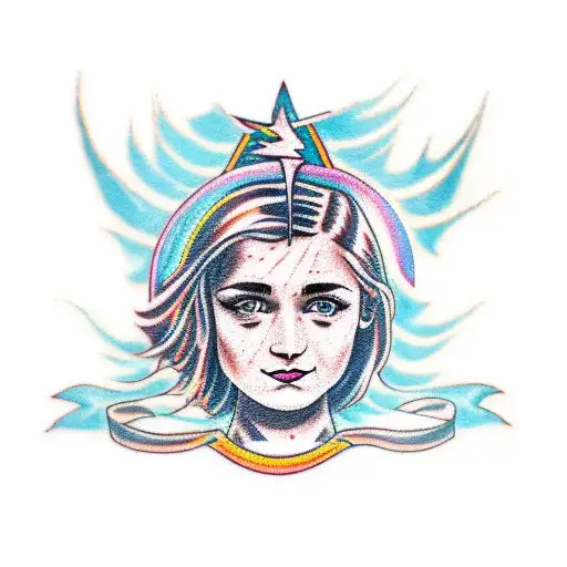 A traditional-style tattoo of a girl holding a guitar, with Harry Potter's lightning bolt scar incorporated into her hair tattoo design idea