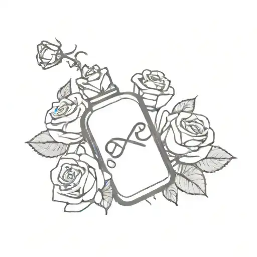 small bottle of toxic product surrounded by roses growing tattoo design idea