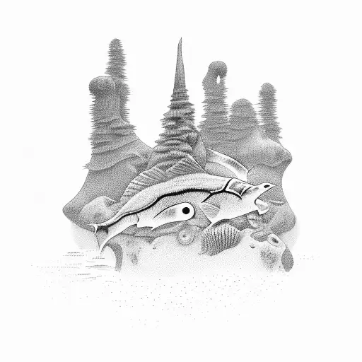 mysterious underwater forest with hidden creatures tattoo design idea