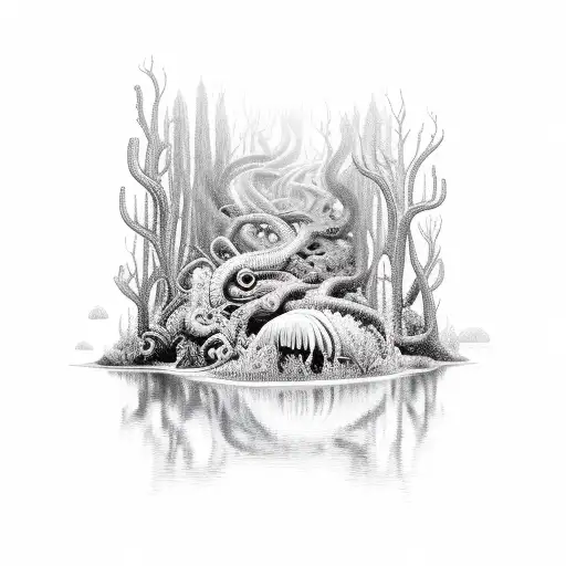 mysterious underwater forest with hidden creatures tattoo design idea
