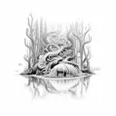 mysterious underwater forest with hidden creatures tattoo design idea