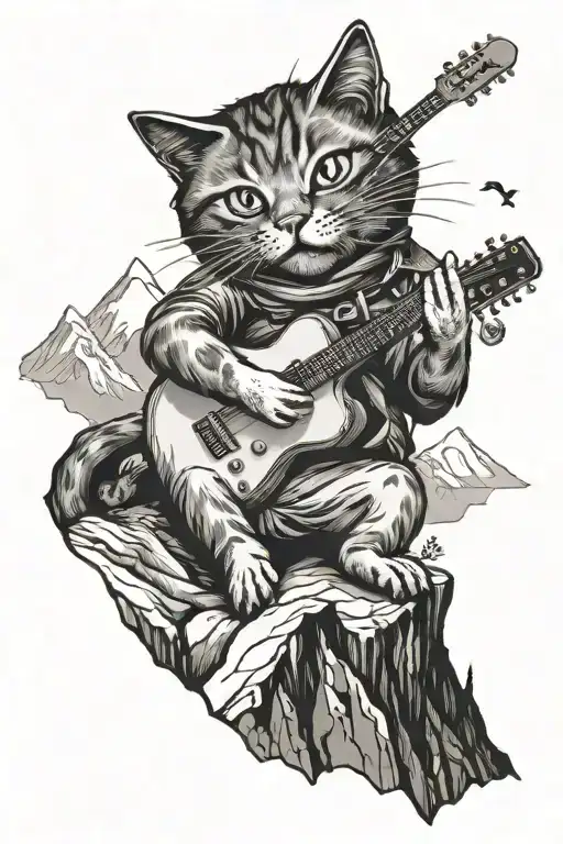 A tattoo of a cat playing a guitar on a mountain peak tattoo design idea