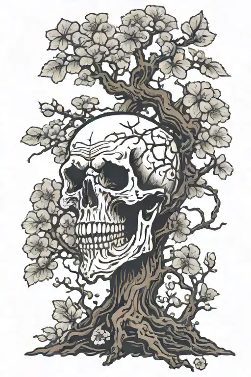 a full cherry bloossom tree with branches with sakura flowers and a skull hand reaching from the bottom of the tree  tattoo design idea