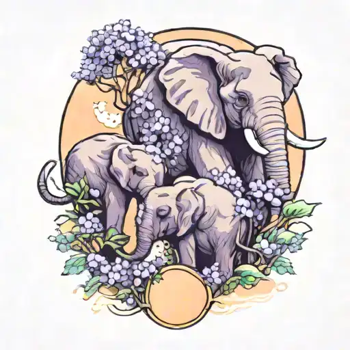lavender flowers blooming, two elephants and clouds with a moon  tattoo design idea