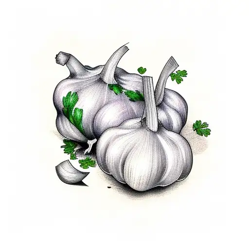 garlic bulbs, spaghetti, bottle of olive oil, chili, parsley tattoo design idea