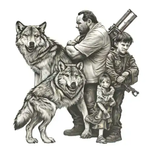 A large man protecting two kids from a dangerous wolf  tattoo design idea