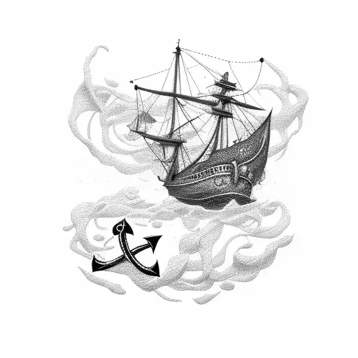 ship with anchor chain tattoo design idea