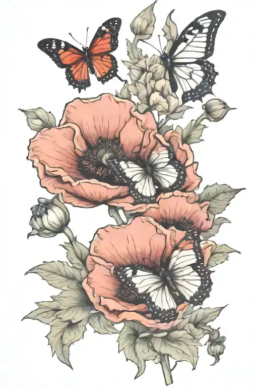 3 poppy blooming, 1 butterfly resting tattoo design idea